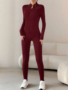 SHEIN EZwear طقم رياضي قطعتين لون أحمر معتق (كردينال) - جاكيت سحاب وتنورة جينز