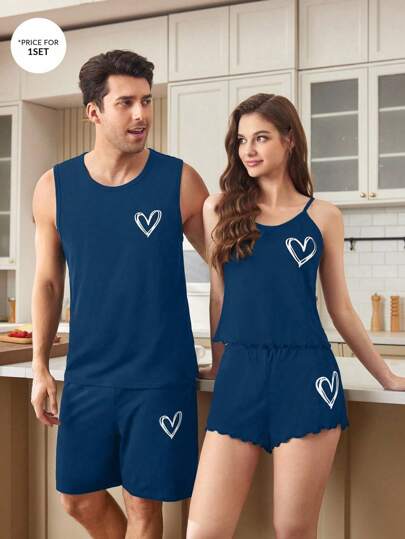 SHEIN طقم بيجاما رجالي كاجوال بشريط قلب بسيط أكمام قصيرة للراحة