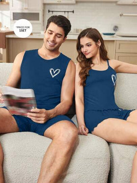 SHEIN طقم بيجاما رجالي كاجوال بشريط قلب بسيط أكمام قصيرة للراحة