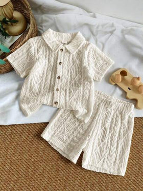 SHEIN Vintaside Kids ملابس أطفال حديثي الولادة إلى عام واحد، بلوزة أكمام قصيرة لون المشمش وطقم شورت، قماش ذو ملمس مناسب لارتداء الأطفال في الصيف، يضيف ملمسًا وجودة إلى الملابس