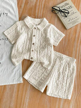 SHEIN Vintaside Kids ملابس أطفال حديثي الولادة إلى عام واحد، بلوزة أكمام قصيرة لون المشمش وطقم شورت، قماش ذو ملمس مناسب لارتداء الأطفال في الصيف، يضيف ملمسًا وجودة إلى الملابس