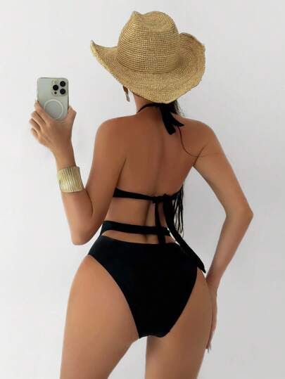 Swim SXY بذلة السباحة قطعة واحدة للنساء بتفاصيل ذهبية عصرية وأربطة على الظهر