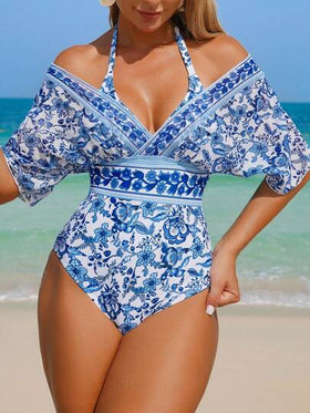 Swim Lushoire طقم سويم سويمت نسائي من قطعة واحدة مع تحكم في البطن من طراز بوهيمي باللونين الأزرق والأبيض