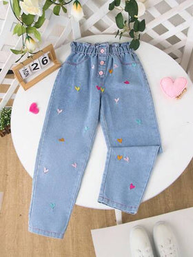 SHEIN جينز واسع الساق بخصر قلب مطرز بلون فاتح مغسول بطريقة Y2K المريح والفضفاض، للفتيات المراهقات ، قطعة أساسية وعملية للاستخدام اليومي