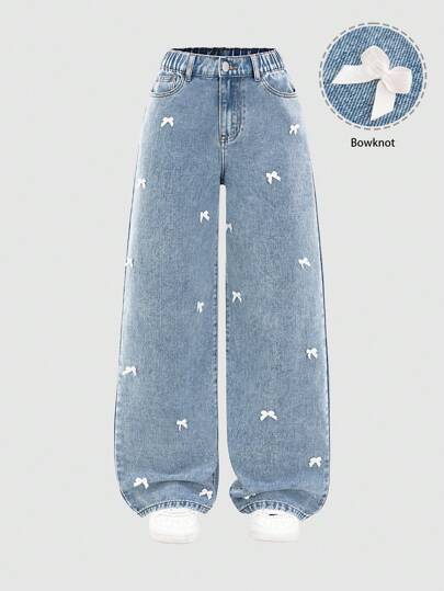 SHEIN Sparklyn جينز بناتي مراهق بسروال مستقيم فضفاض مغسول باللون الأزرق، وفيونكة بيضاء، بناطيل جينز دنيم بأسلوب كاجوال ملائم للمنتجعات