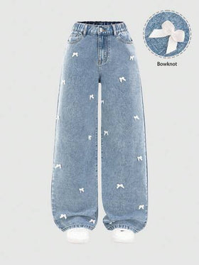 SHEIN Sparklyn جينز بناتي مراهق بسروال مستقيم فضفاض مغسول باللون الأزرق، وفيونكة بيضاء، بناطيل جينز دنيم بأسلوب كاجوال ملائم للمنتجعات