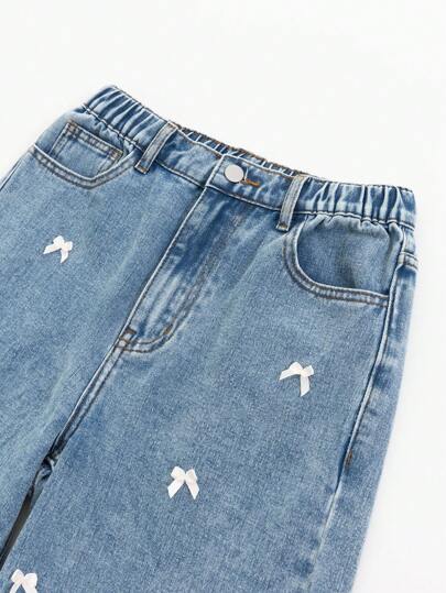 SHEIN Sparklyn جينز بناتي مراهق بسروال مستقيم فضفاض مغسول باللون الأزرق، وفيونكة بيضاء، بناطيل جينز دنيم بأسلوب كاجوال ملائم للمنتجعات