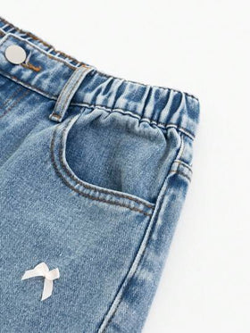SHEIN Sparklyn جينز بناتي مراهق بسروال مستقيم فضفاض مغسول باللون الأزرق، وفيونكة بيضاء، بناطيل جينز دنيم بأسلوب كاجوال ملائم للمنتجعات