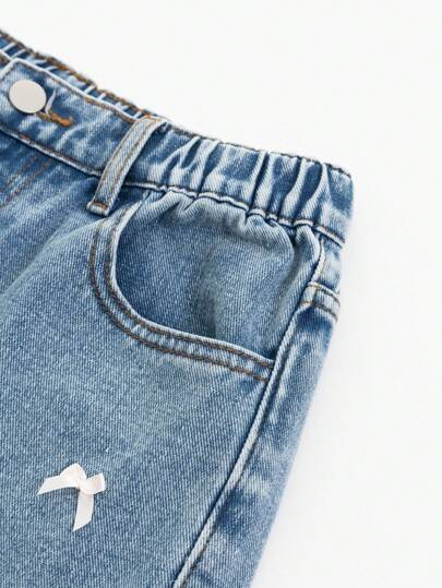 SHEIN Sparklyn جينز بناتي مراهق بسروال مستقيم فضفاض مغسول باللون الأزرق، وفيونكة بيضاء، بناطيل جينز دنيم بأسلوب كاجوال ملائم للمنتجعات