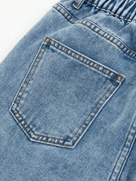 SHEIN Sparklyn جينز بناتي مراهق بسروال مستقيم فضفاض مغسول باللون الأزرق، وفيونكة بيضاء، بناطيل جينز دنيم بأسلوب كاجوال ملائم للمنتجعات