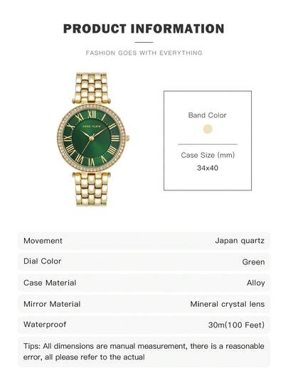 Anne Klein ساعة معصم للسيدات ذهبية اللون بحركة كوارتز، قرص أخضر لامع، مقاومة للماء، حالة فاخرة، موضة رجعية