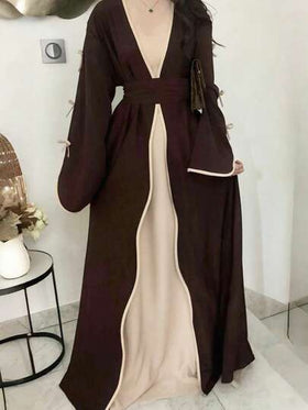 SuofeiMan 1 قطعة أبايا بسيطة على الطراز الشرق أوسطي، لون بني داكن أحادي اللون، جاكيت كاجوال ناعمة ومريحة مع حزام، مناسبة للمناسبات والاستخدام اليومي
