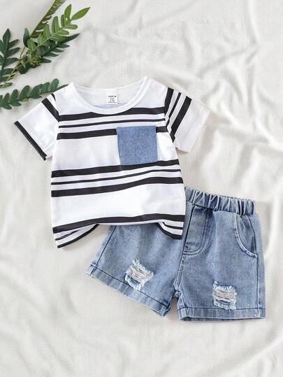 SHEIN Vintaside Kids طقم 2 قطعة لأطفال الرضع والأطفال الصغار من الأولاد - تي شيرت قصير الأكمام بياقة دائرية وجيب ، وشورت جينز ممزق مغسول - للربيع والصيف