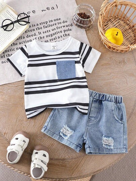 SHEIN Vintaside Kids طقم 2 قطعة لأطفال الرضع والأطفال الصغار من الأولاد - تي شيرت قصير الأكمام بياقة دائرية وجيب ، وشورت جينز ممزق مغسول - للربيع والصيف
