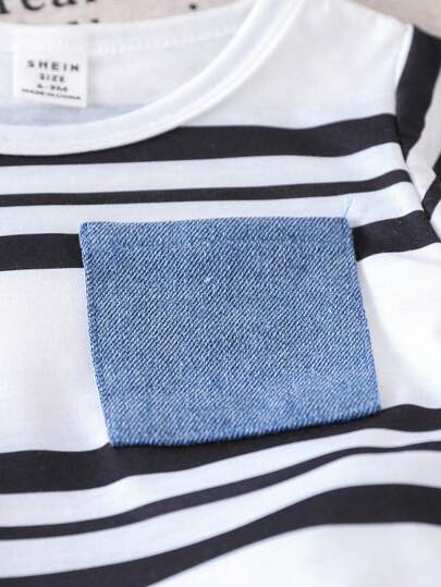 SHEIN Vintaside Kids طقم 2 قطعة لأطفال الرضع والأطفال الصغار من الأولاد - تي شيرت قصير الأكمام بياقة دائرية وجيب ، وشورت جينز ممزق مغسول - للربيع والصيف