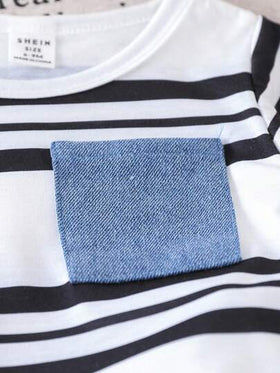 SHEIN Vintaside Kids طقم 2 قطعة لأطفال الرضع والأطفال الصغار من الأولاد - تي شيرت قصير الأكمام بياقة دائرية وجيب ، وشورت جينز ممزق مغسول - للربيع والصيف
