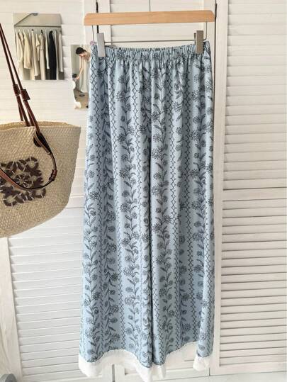 SHEIN بنطلون بيجاما نسائي بطبعة زهور رومانسية وتريم من الدانتيل ذو ساق واسعة، للخريف والشتاء