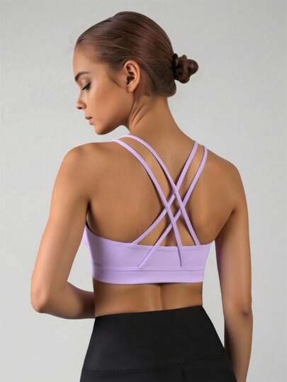 SHEIN ملابس علوية ملابس علوية فاتحة للمراهقات جوانبها مطاطية مرنة للرياضة ، ظهر متقاطع بنمط اليوغا ، صدرية رياضية قابلة للإزالة مبطنة ، ماصة للرطوبة وامتصاص العرق