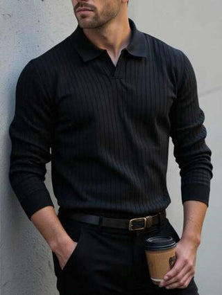 Manfinity Homme قميص بولو كلاسيكي كاجوال بأكمام طويلة للرجال، لون أسود، بولو محبوك للرجال بأكمام طويلة باللون الأسود، خريف