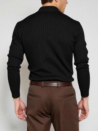 Manfinity Homme قميص بولو كلاسيكي كاجوال بأكمام طويلة للرجال، لون أسود، بولو محبوك للرجال بأكمام طويلة باللون الأسود، خريف