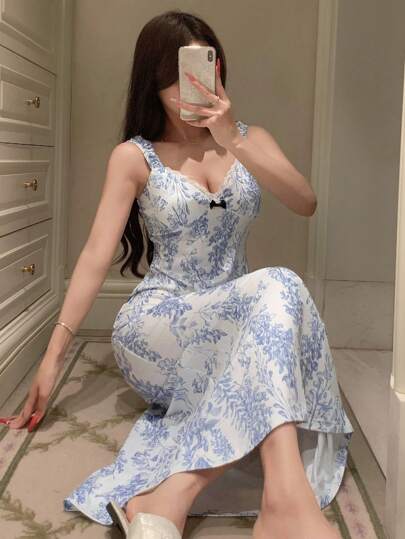 DAZY فستان نوم مطبوع بنقشة نباتية مناسب للنساء طويل الطول وضيق المقاس رمضان