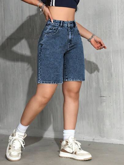 SHEIN PETITE شورت بيرمودا جينز فضفاض عادي للسيدات مع جيوب