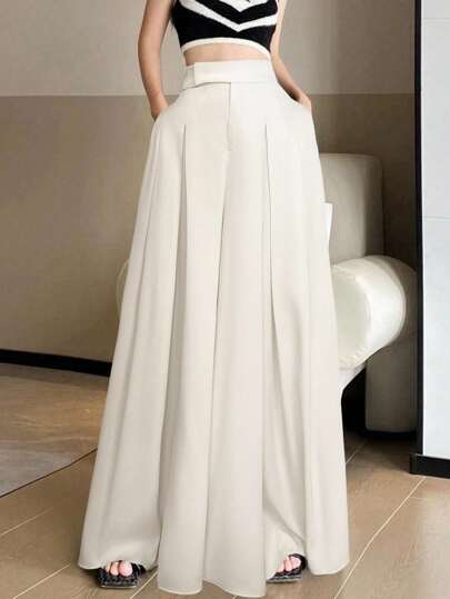 SHEIN EZwear بنطلون بياقة واسعة منسدلة للنساء لارتداء اليومي، بلون المشمش