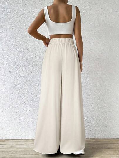 SHEIN EZwear بنطلون بياقة واسعة منسدلة للنساء لارتداء اليومي، بلون المشمش