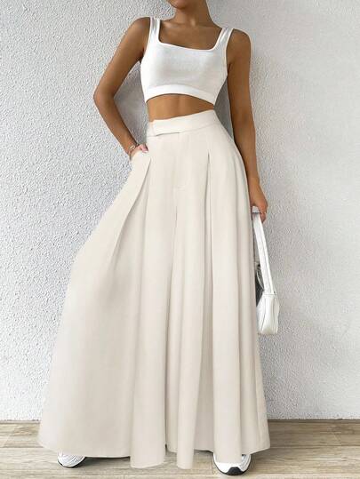 SHEIN EZwear بنطلون بياقة واسعة منسدلة للنساء لارتداء اليومي، بلون المشمش
