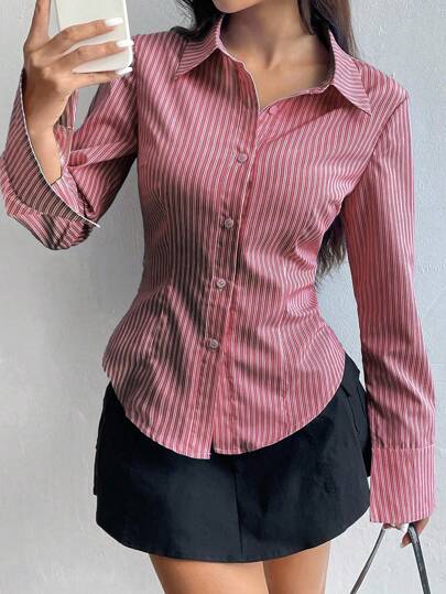Sweetra قميص طويل الأكمام مخطط كاجوال مناسب للنساء