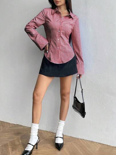 Sweetra قميص طويل الأكمام مخطط كاجوال مناسب للنساء
