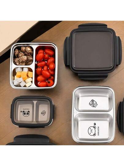 1 صندوق غداء متعدد الشبكات من الفولاذ المقاوم للصدأ 304 مع غطاء شفاف، صندوق بنتو محمول مقسم مع نمط دب جميل، يحافظ على سخونة الطعام، عازل حراري، صندوق تخزين طعام كبير السعة مقاوم للتسرب للسلطات والفواكه، مناسب لاستخدام الطلاب والبالغين في المنزل والمدرسة و