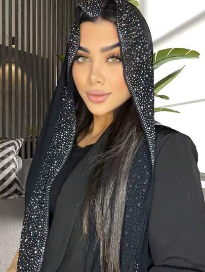 وشاح رأس نسائي مستقيم الخطوط مرصع بالراين من الشيفون الناعم، وشاح طويل عادي بأسلوب عربي، وشاح رأس لون سادة مناسب للاستخدام اليومي مع الفستان