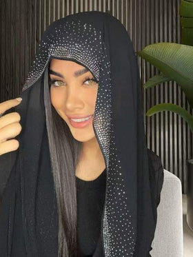 وشاح رأس نسائي مستقيم الخطوط مرصع بالراين من الشيفون الناعم، وشاح طويل عادي بأسلوب عربي، وشاح رأس لون سادة مناسب للاستخدام اليومي مع الفستان