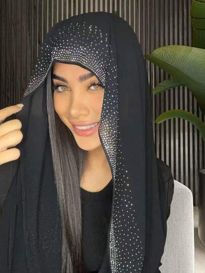 وشاح رأس نسائي مستقيم الخطوط مرصع بالراين من الشيفون الناعم، وشاح طويل عادي بأسلوب عربي، وشاح رأس لون سادة مناسب للاستخدام اليومي مع الفستان