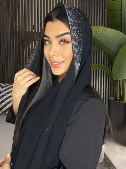 وشاح رأس نسائي مستقيم الخطوط مرصع بالراين من الشيفون الناعم، وشاح طويل عادي بأسلوب عربي، وشاح رأس لون سادة مناسب للاستخدام اليومي مع الفستان