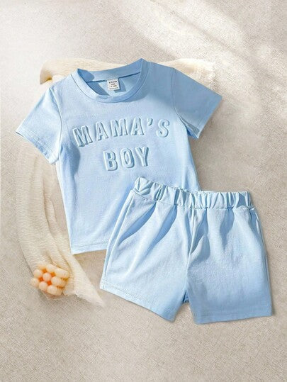 SHEIN Playful Pals طقم ملابس أطفال ذكور للأزياء الشارعية بنقشة زهرية رمادي مزخرف بارز باللون الخردلي ، طقم سادة للأطفال الصغار