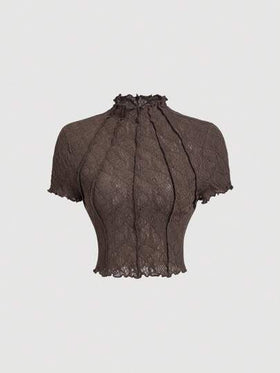 SHEIN MOD بلوزة كاجوال للنساء بياقة مستديرة وأكمام منتفخة، لون أحادي، نسيج مضلع شفاف