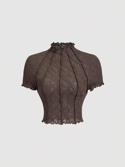 SHEIN MOD بلوزة كاجوال للنساء بياقة مستديرة وأكمام منتفخة، لون أحادي، نسيج مضلع شفاف