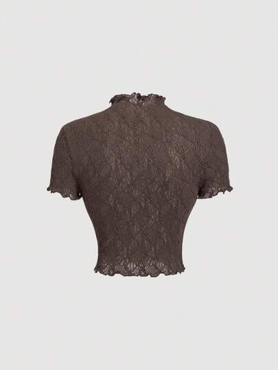 SHEIN MOD بلوزة كاجوال للنساء بياقة مستديرة وأكمام منتفخة، لون أحادي، نسيج مضلع شفاف
