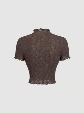 SHEIN MOD بلوزة كاجوال للنساء بياقة مستديرة وأكمام منتفخة، لون أحادي، نسيج مضلع شفاف