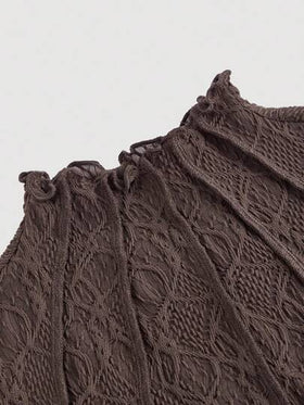 SHEIN MOD بلوزة كاجوال للنساء بياقة مستديرة وأكمام منتفخة، لون أحادي، نسيج مضلع شفاف