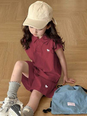Dazy Kids مجموعة قميص كنزة بياقة بولو وشورت كنزة قصيرة الأكمام مطرزة للفتيات الصغيرات، صيفي رمضان