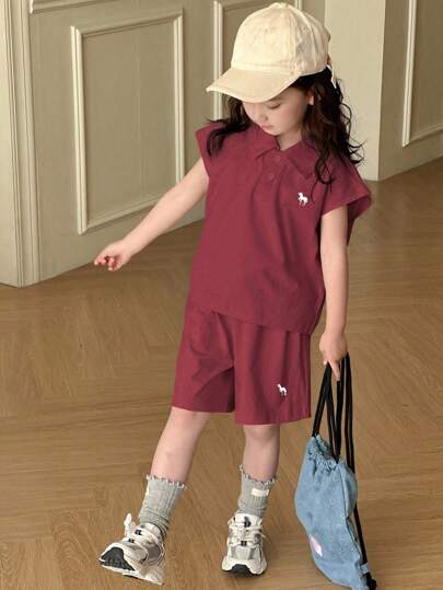 Dazy Kids مجموعة قميص كنزة بياقة بولو وشورت كنزة قصيرة الأكمام مطرزة للفتيات الصغيرات، صيفي رمضان