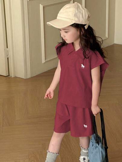 Dazy Kids مجموعة قميص كنزة بياقة بولو وشورت كنزة قصيرة الأكمام مطرزة للفتيات الصغيرات، صيفي رمضان