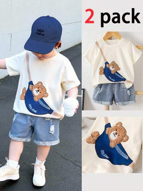 SHEIN 2 مجموعة من التي شيرت ذات الأكمام القصيرة وشورت الجينز مريحة وعملية للأطفال الصغار بطباعة دب، مناسبة للارتداء في الربيع والصيف داخل وخارج المنزل، للبس اليومي والرياضة واللعب والحفلات وتصوير الصور والعطلات والمناسبات