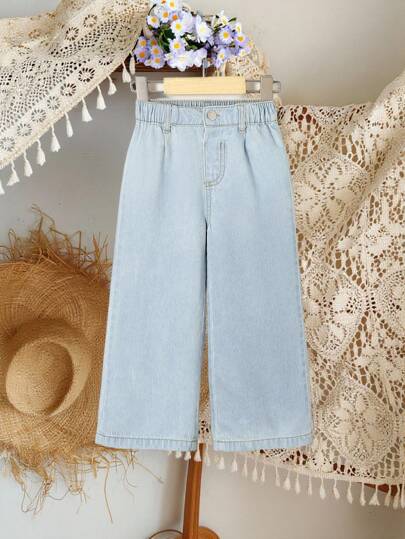 SHEIN Vintaside Kids سروال جينز خفيف وبتصميم فضفاض للفتيات الصغيرات لإطلالة عارضة خلال العطلات