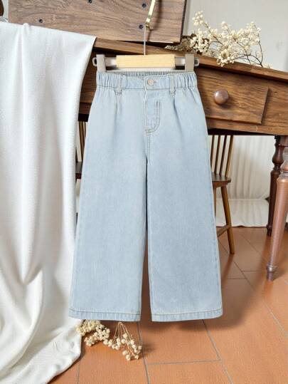SHEIN Vintaside Kids سروال جينز خفيف وبتصميم فضفاض للفتيات الصغيرات لإطلالة عارضة خلال العطلات