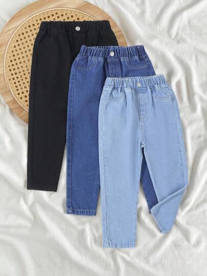 SHEIN Vintaside Kids 3 أزواج جينز للأولاد الصغار، موضة جديدة بقصة ضيقة ذات ساق متناقصة، جينز كاجوال يناسب جميع المناسبات، باللون الأسود والأزرق الغامق والأزرق الفاتح