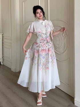 Modelyn فستان نسائي مطبوع بنمط متجعد بخصر مربوط